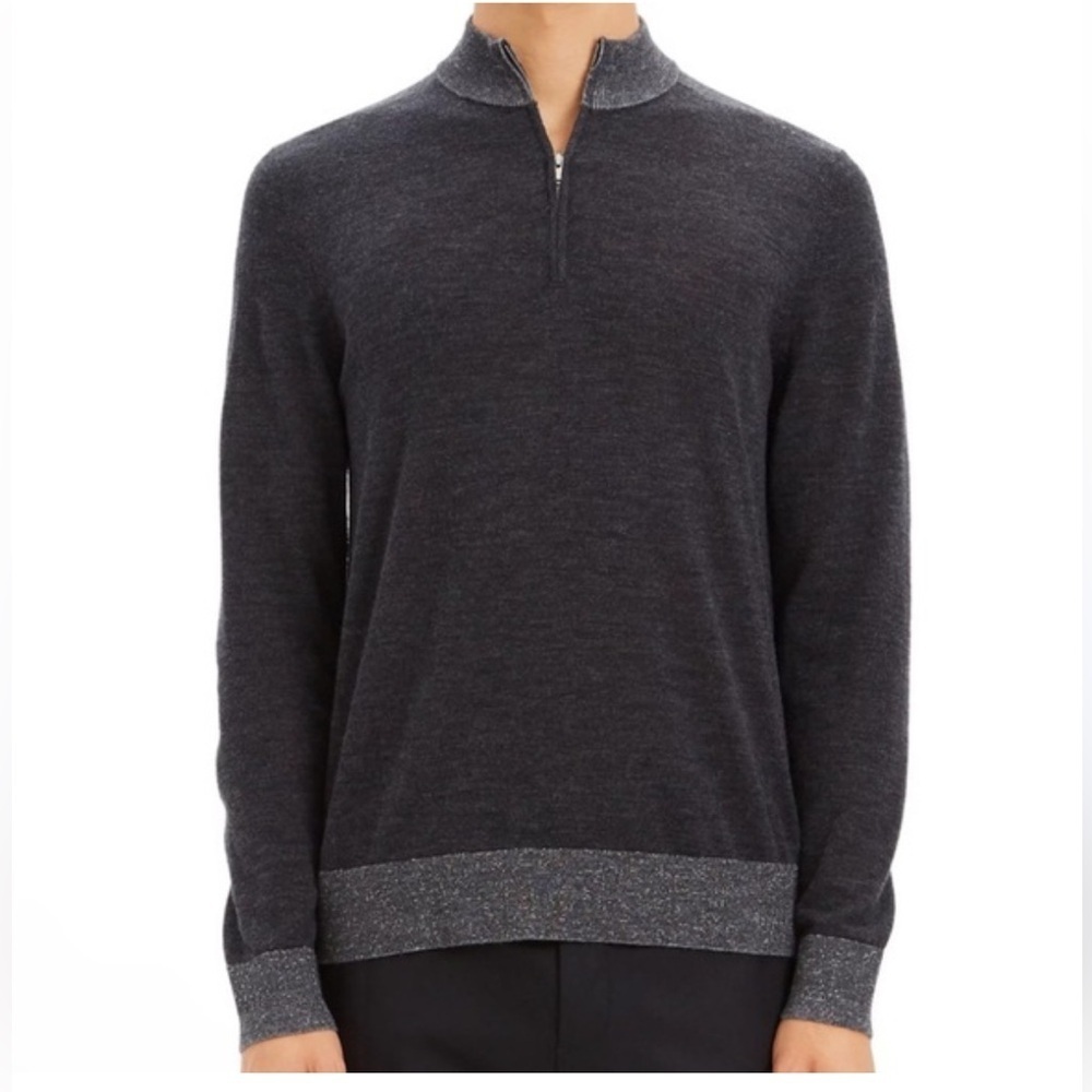 Theory mens grey charcoal 1/4 zip pullover sweater lightweight merino wool SM